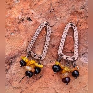 Celtic Inspired Natural Ambers In Weathered Hammered Earrings In Antique Copper